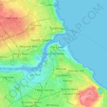 Topografische Karte South Shields, Höhe, Relief
