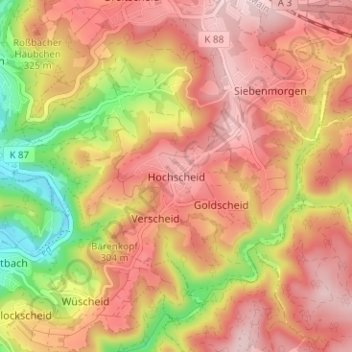 Topografische Karte Hochscheid, Höhe, Relief