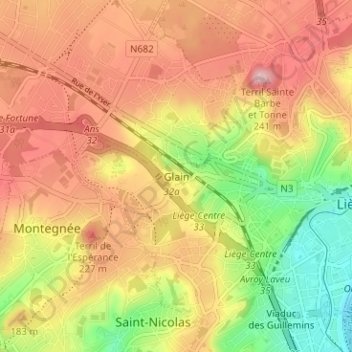 Topografische Karte Glain, Höhe, Relief