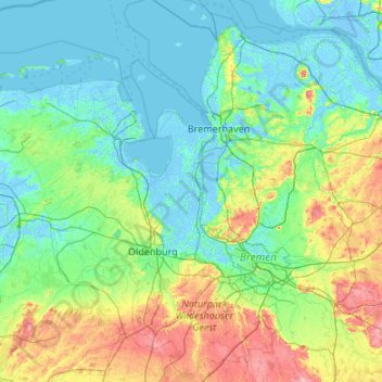 Topografische Karte Wesermarsch, Höhe, Relief