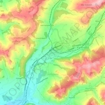 Topografische Karte Grünen, Höhe, Relief