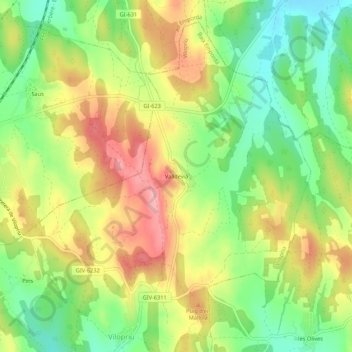 Topografische Karte Valldevià, Höhe, Relief