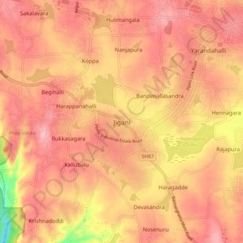 Topografische Karte Jigani, Höhe, Relief