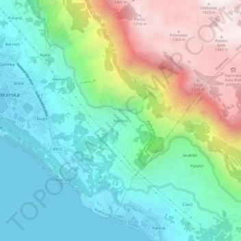 Topografische Karte Kotišina, Höhe, Relief