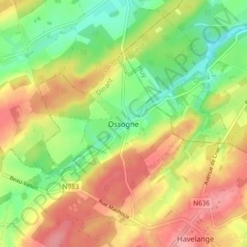 Topografische Karte Ossogne, Höhe, Relief