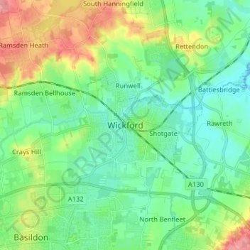 Topografische Karte Wickford, Höhe, Relief