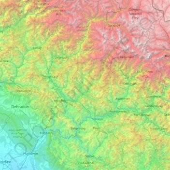 Topografische Karte Tehri-Garhwal, Höhe, Relief