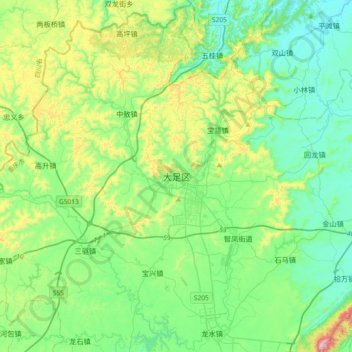 Topografische Karte 大足区, Höhe, Relief