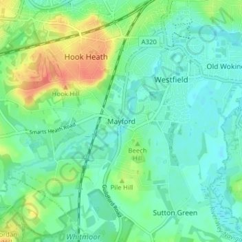 Topografische Karte Mayford, Höhe, Relief