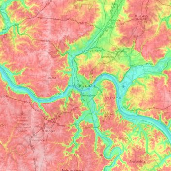 Topografische Karte Cincinnati, Höhe, Relief