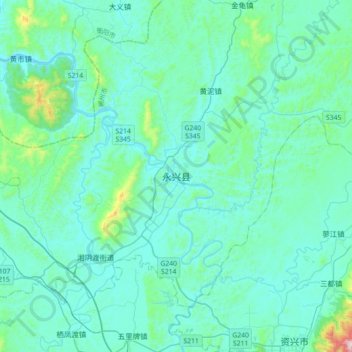 Topografische Karte 永兴县, Höhe, Relief
