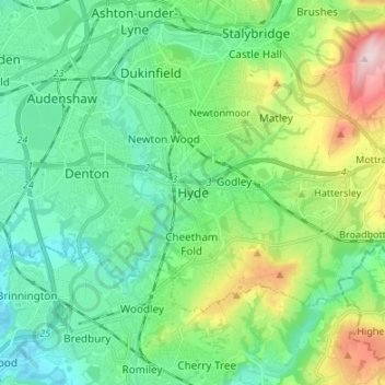 Topografische Karte Hyde, Höhe, Relief