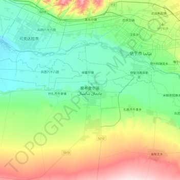 Topografische Karte 察布查尔县, Höhe, Relief