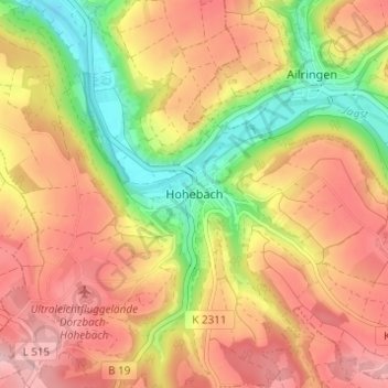 Topografische Karte Hohebach, Höhe, Relief