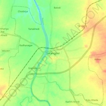 Topografische Karte Sarangpur, Höhe, Relief