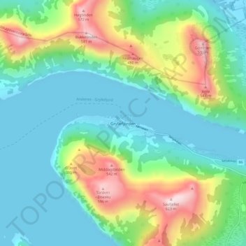 Topografische Karte Gryllefjorden, Höhe, Relief