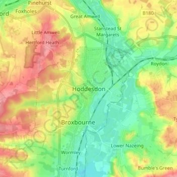 Topografische Karte Hoddesdon, Höhe, Relief