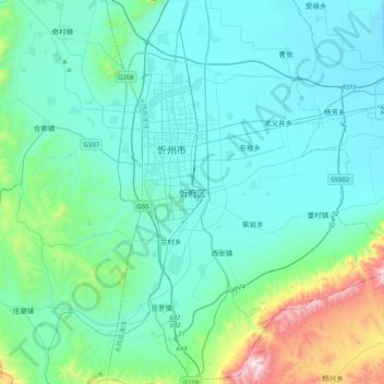 Topografische Karte 忻府区, Höhe, Relief