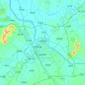 Topografische Karte 抚州市, Höhe, Relief
