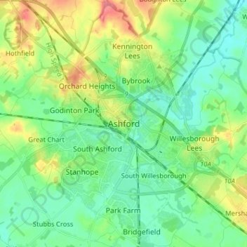 Topografische Karte Ashford, Höhe, Relief