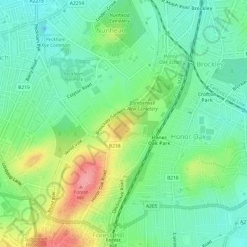 Topografische Karte Honor Oak, Höhe, Relief