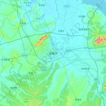 Topografische Karte 宣城市, Höhe, Relief