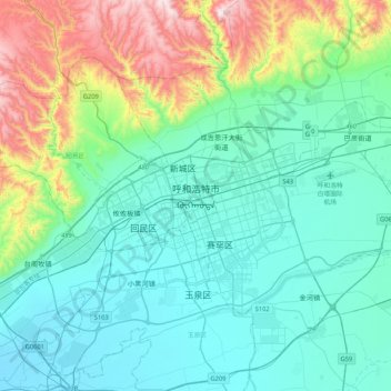 Topografische Karte 呼和浩特市, Höhe, Relief