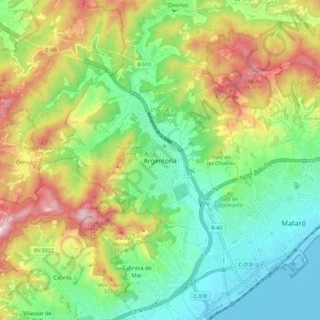 Topografische Karte Argentona, Höhe, Relief