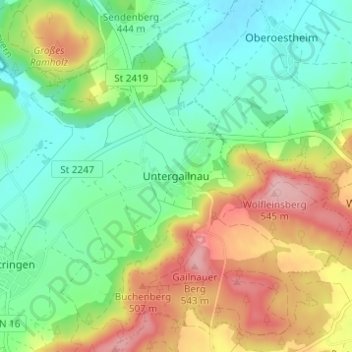 Topografische Karte Untergailnau, Höhe, Relief