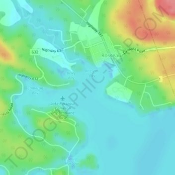 Topografische Karte Lake Rosseau, Höhe, Relief