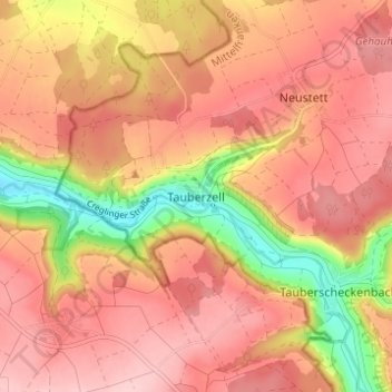 Topografische Karte Tauberzell, Höhe, Relief