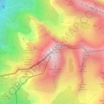 Topografische Karte Kriváň, Höhe, Relief