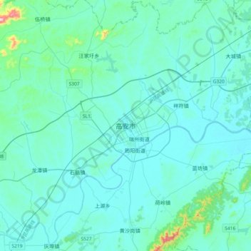 Topografische Karte 高安市, Höhe, Relief