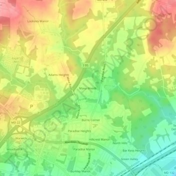 Topografische Karte Maxa Woods, Höhe, Relief