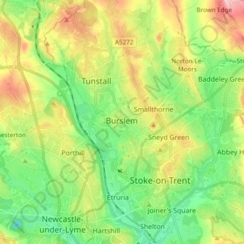 Topografische Karte Burslem, Höhe, Relief