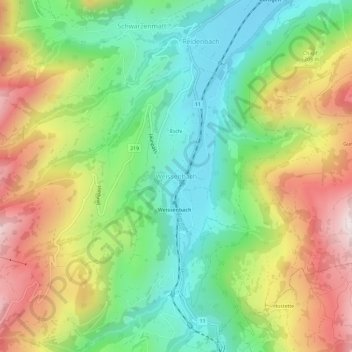 Topografische Karte Weissenbach, Höhe, Relief