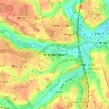 Topografische Karte Hertingfordbury, Höhe, Relief