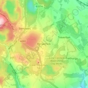 Topografische Karte Penwithick, Höhe, Relief