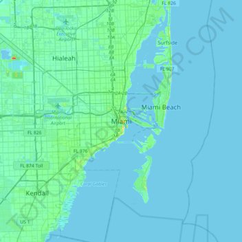 Topografische Karte Miami, Höhe, Relief