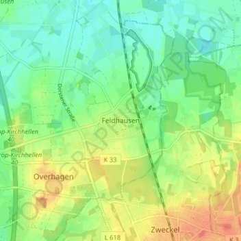 Topografische Karte Feldhausen, Höhe, Relief