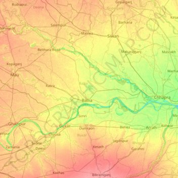 Topografische Karte Ballia, Höhe, Relief