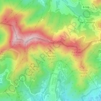 Topografische Karte Turó de la Nadala, Höhe, Relief