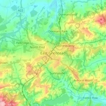 Topografische Karte East Grinstead, Höhe, Relief