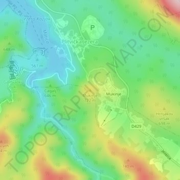 Topografische Karte Mukinje, Höhe, Relief