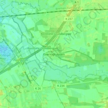 Topografische Karte Everinghausen, Höhe, Relief