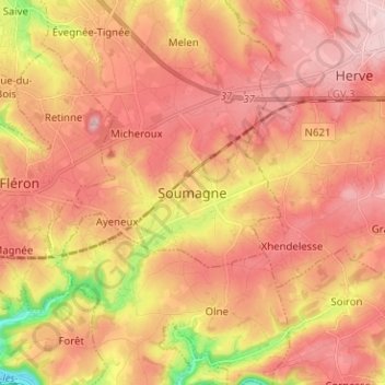 Topografische Karte Soumagne, Höhe, Relief
