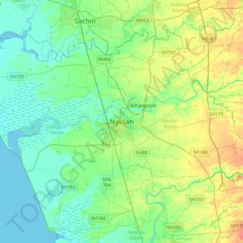 Topografische Karte Navsari, Höhe, Relief