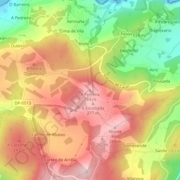 Topografische Karte A Ferreira, Höhe, Relief
