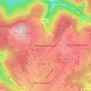Topografische Karte Waldkatzenbach, Höhe, Relief