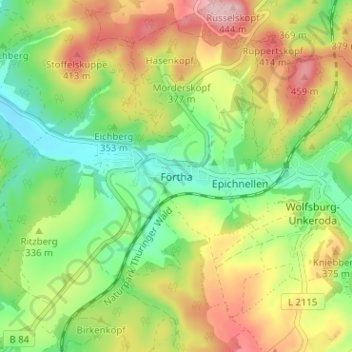 Topografische Karte Förtha, Höhe, Relief